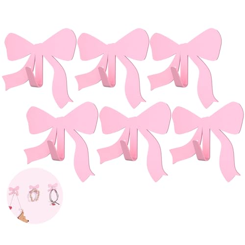 Pink Bow Wall Hooks - 6 Pack Metal Adhesive Door Hangers for Home & Kitchen Decor