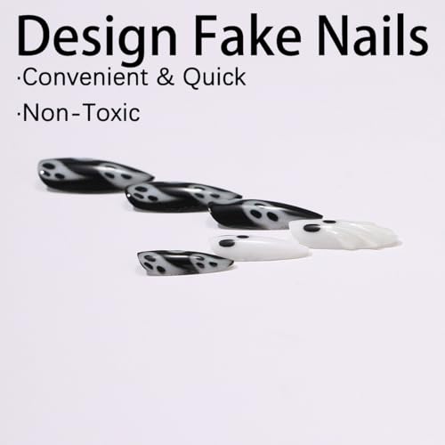 Black Press on Nails Medium Almond Ghost Design Gothic False Nails