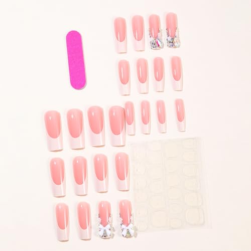 White French Press On Nails Long Square Almond Fake Nails with 3D Bow Rhinestones