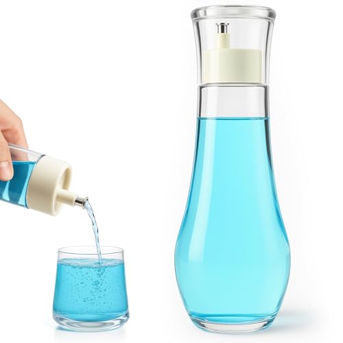 Tokusatsu Glass Mouthwash Dispenser with Cup Lid, 8.8 oz Bathroom Decanter