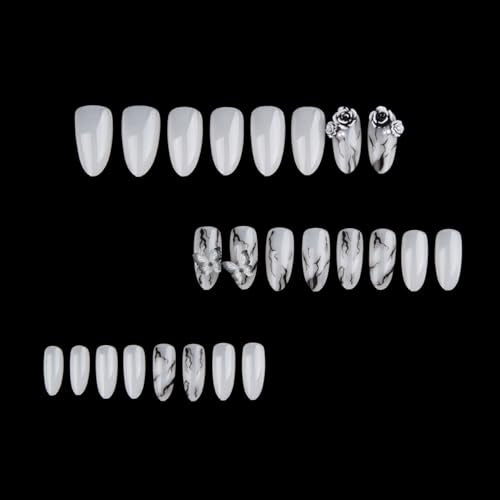 3D Handmade Press On Nails Almond Glossy Black White Marble Butterfly