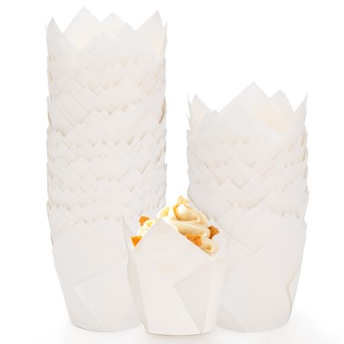 JIRNGLA 200pcs White Tulip Cupcake Liners, Greaseproof Parchment Muffin Cups