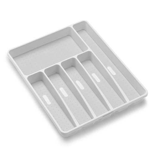 madesmart Premium Antimicrobial Classic Large Silverware Tray Soft Grip, Non-Slip Kitchen Drawer, 6 Compartments, Multi-Purpose Home Organization, EPA Certified, White