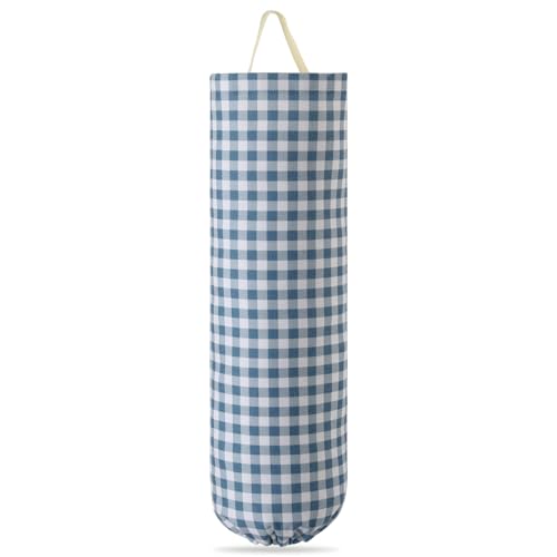 Gingham Canvas Grocery Bag Holder - Dusty Blue Wall Mount Organizer