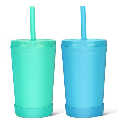 Homestockplus 10oz Wheat Straw Reusable Cups with Lids & Straws - Blue & Green