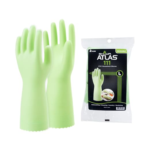 SHOWA 111 Large Skin-Friendly Dishwashing Gloves - Latex-Free PVC, Green, 2 Pack