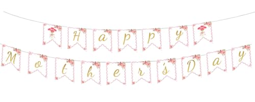 Happy Mother's Day Floral Banner with Gold Glitter Letters