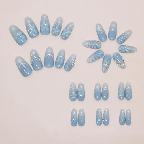 Blue Floral Press on Nails Medium Almond Fake Nails with Rhinestone