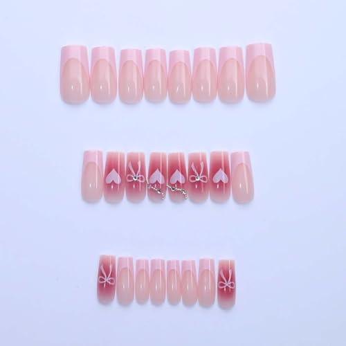 French Tip Press on Nails Medium Square with Heart Bow and Rhinestones