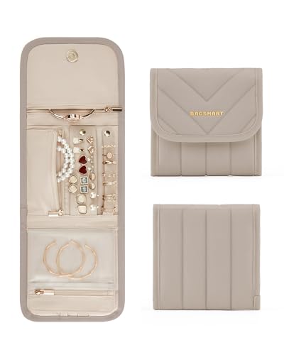 BAGSMART Small Travel Jewelry Organizer Case - Khaki, Foldable Design