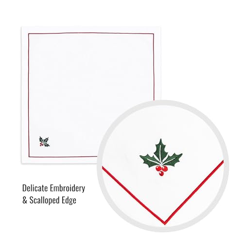 Christmas Holiday Cotton Cloth Napkins Set of 4 - Red & Green Holly Embroidered 20x20 Inches