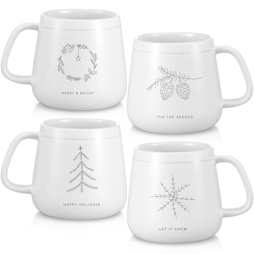 Set of 4 Christmas Ceramic Mugs with Snowflake Tree Winter Holiday Designs