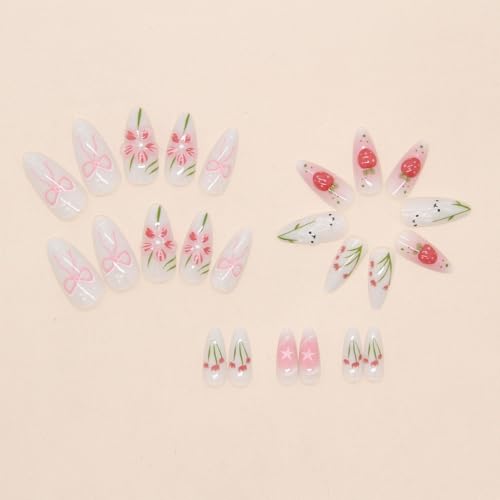 3D Flower Press on Nails Medium Almond Fake Nails with Pearls and Strawberry