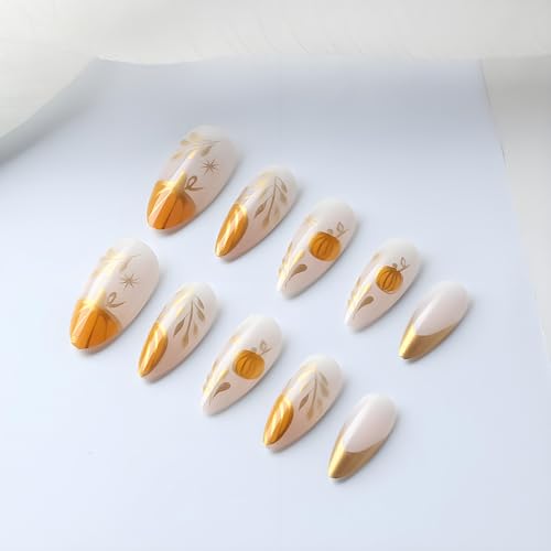 Halloween Press on Nails Medium Almond 3D Fake Nails Fall Acrylic Set
