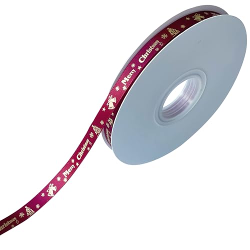 50 Yards Satin Christmas Ribbon with Bells & Snowflakes - Wine Red