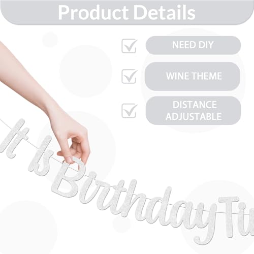 Pour the Wine It Is Birthday Time Banner - Silver Glitter Decor