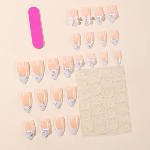 French Blue Press On Nails Medium Almond Fake Nails 3D Heart Rhinestone
