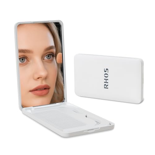 RHOS Folding Pocket Makeup Mirror with Comb, Portable White Travel Mirror