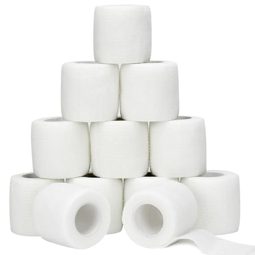 12 Rolls White Athletic Pre Wrap Tape,2 Inch x 5 Yards Self Adhesive Bandage Wrap Cohesive Wrap Bandages for Athletic Baseball Wrist Tape,Sports,Pets,Wrist,Ankle,Hands Knees (White)