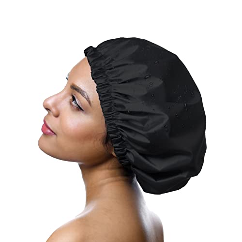 ZKLLGHE Reusable Waterproof Shower Cap for Women and Men Black Double Layer