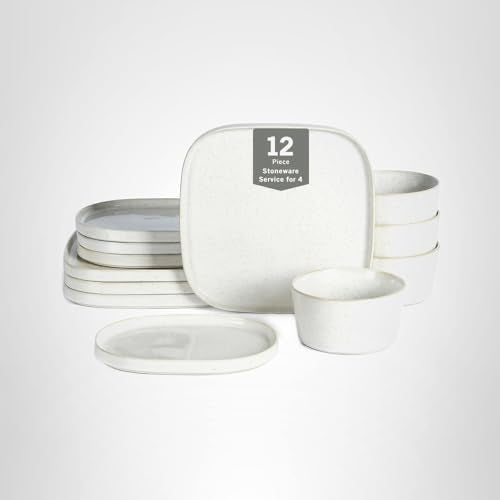 Stone Lain Cairo 12-Piece Dinnerware Set Stoneware, Plates and Bowls Set, Microwave and Dishwasher Safe, Includes Dinner and Salad Plates, Cereal Bowls, Dish for 4, White Speckled