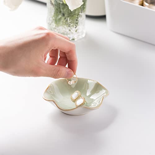 Mecaikru 4-Inch Ceramic Ring Dish - White Green Kiln Glazed Trinket Tray