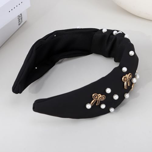 Santoddle Pearl Knot Headband for Women Black Wide Hair Band