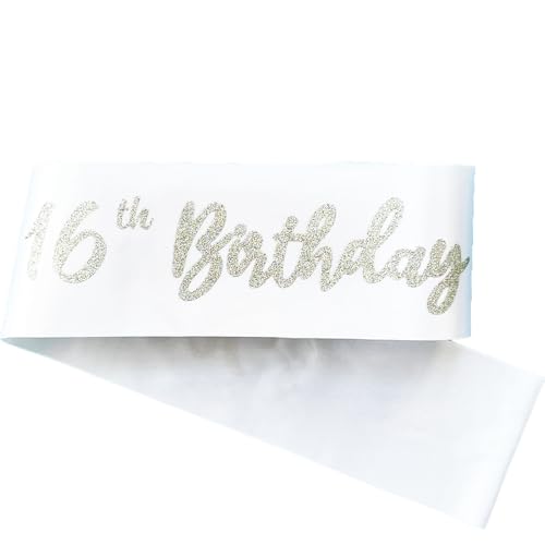 It's My 16th Birthday Satin Sash with Silver Glitter Letters, White