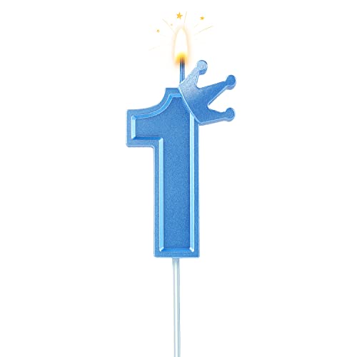BOXOB 3 Inch Blue Number 1 Birthday Candle with Crown Cake Topper