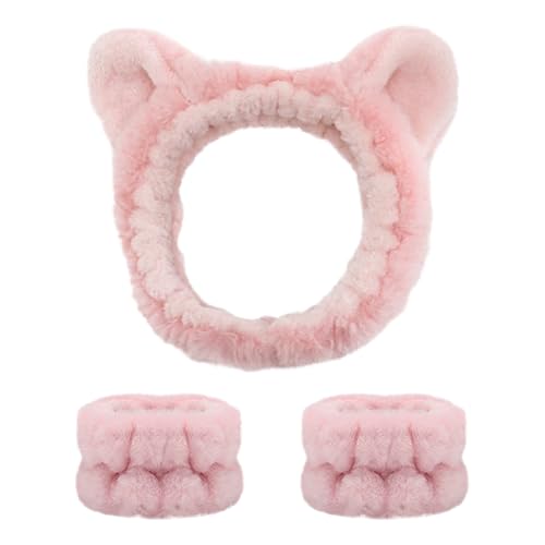 JazSwirl 3-Piece Skincare Headband and Wristband Set - Plush Cat Ear Design