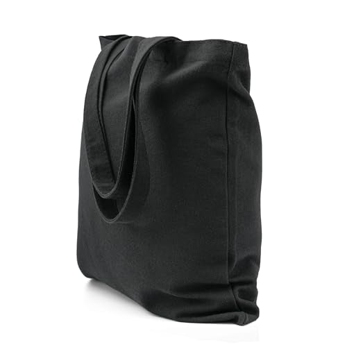 TOPASION Black Cotton Canvas Tote Bag - Lightweight Reusable Shopping Bag