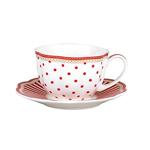 Red Dot Stripes Scallop 9-Ounce Porcelain Tea/Coffee Cup & Saucer Set - Gold Trim, Set of 2