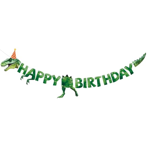 Dinosaur Happy Birthday Banner - Watercolor Green T-Rex Party Decoration