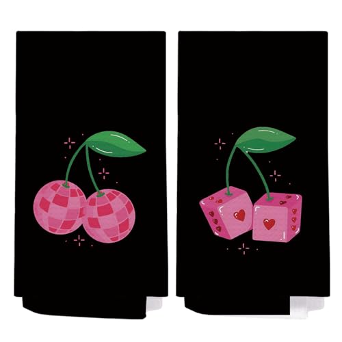 Cherry Kitchen Hand Towels Set of 2 - Pink & Black Decorative Dish & Bathroom Towels