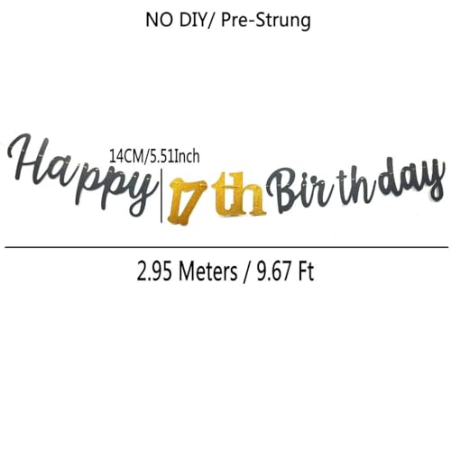Happy 17th Birthday Banner - Pre-Strung Black and Gold Party Decoration