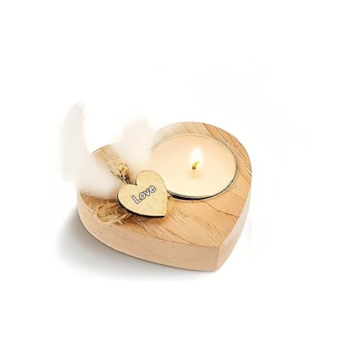 Handmade Heart-Shaped Wooden Candle Holder Set with White Feather