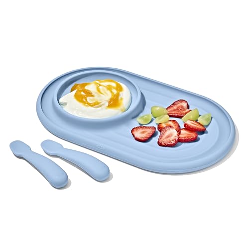 OXO Tot Textured Suction Plate & Spoons Set ? 3-Piece ? Dusk