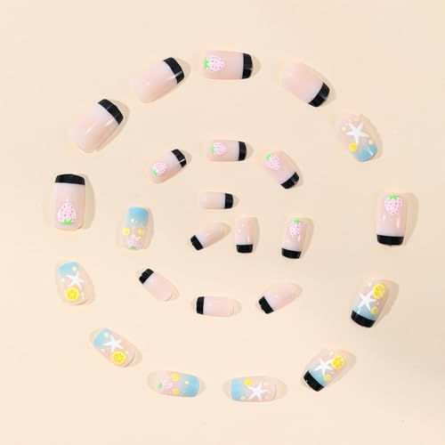 JCWGXC Summer Press on Nails Medium Square Black French Tip False Nails