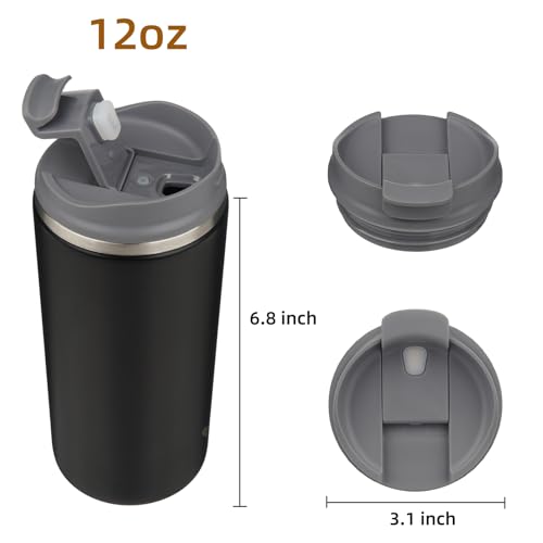 Konokyo 12oz Travel Coffee Mug, Insulated Stainless Steel Tumbler - Black