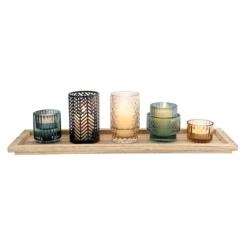Bloomingville Embossed Glass & Metal Tealight/Votive Holders on Rectangle Wood Tray (Set of 6 Pieces)