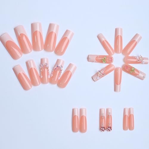 Long Square Press on Nails White French Fake Nails with Butterfly Pearl
