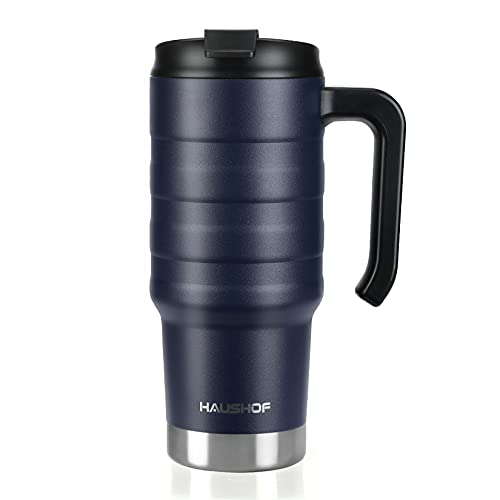 HAUSHOF 24 oz Stainless Steel Travel Mug with Handle - Insulated & Leak-Proof, BPA Free (Navy Blue)