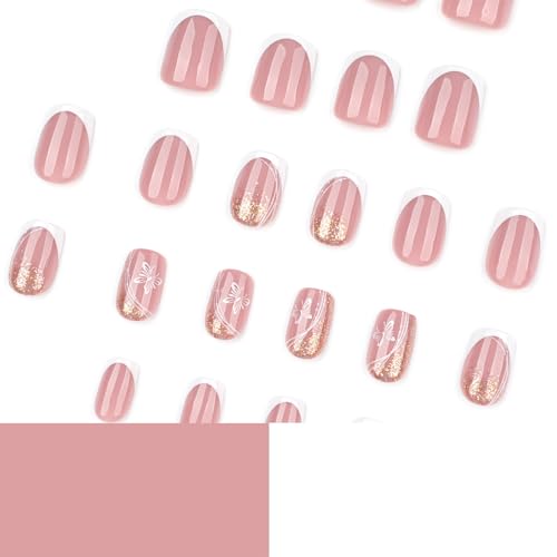 Square Press on Nails Butterfly Short Fake Nails French Acrylic