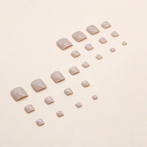 Hayooha Nude Glitter Toe Press on Nails - Short Square False Toenails