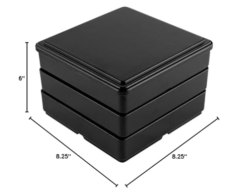 Restaurantware-8.3 x 5.9 Inch 5-Compartment Lunch Container, 1 Japanese Style Adult Lunch Container - 3 Stackable Layers, Black & Red Plastic Divided Meal Box, Greaseproof, Hot & Cold Food