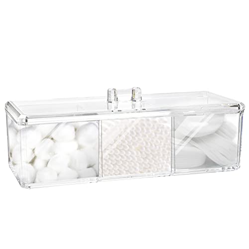 Clear Acrylic Qtip Holder with Lid - 3 Compartment Cotton Ball Dispenser
