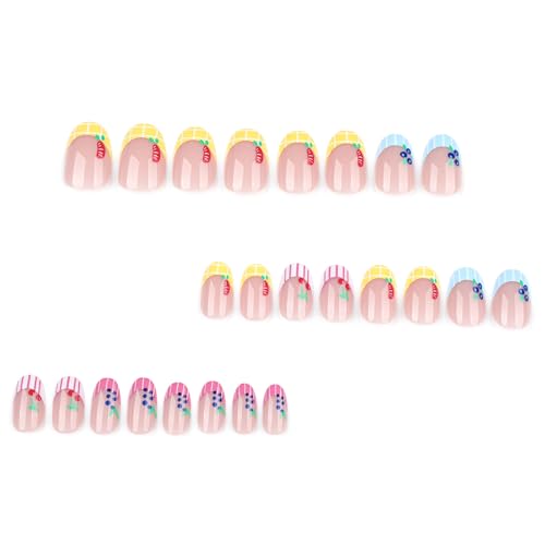 Short Almond Press on Nails with Fruit Designs French Tip Fake Nails