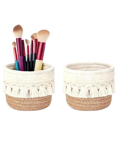 PAVNSO 2-Pack Macrame Makeup Brush Holder - Coffee Woven Cotton Basket