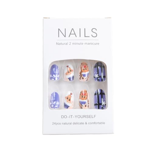 Christmas Press on Nails Short Round Winter Fake Nails Blue Glossy