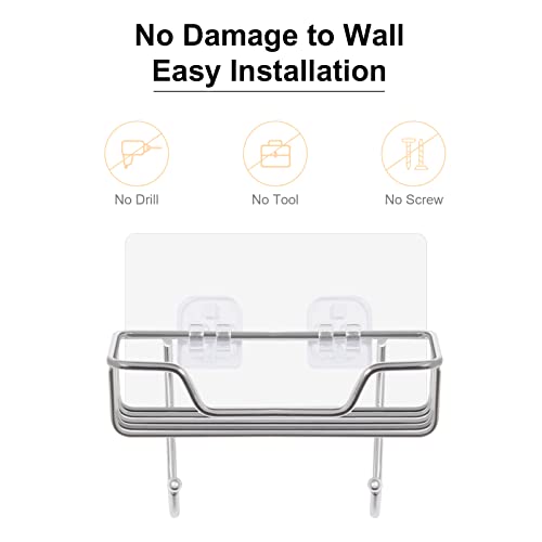 Uten 1 Pack Stainless Steel Shower Soap Holder with Hooks, No-Drill Wall Mount, Silver